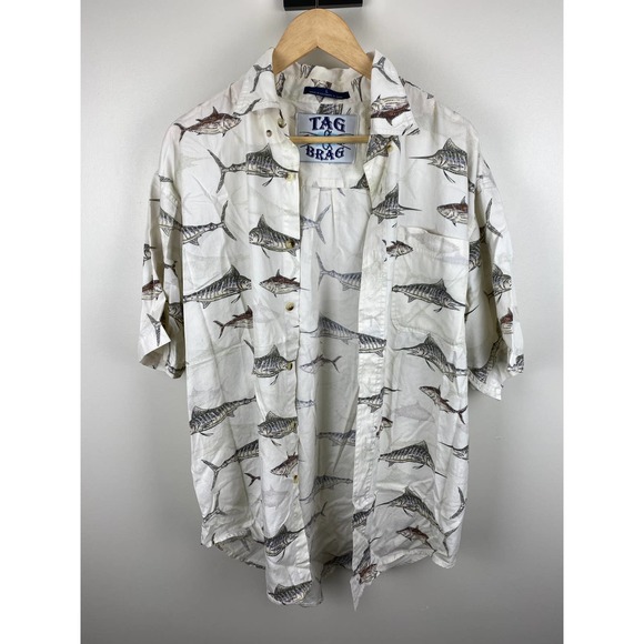 Tag & Brag All Over Print AOP Sword Fish Button Up Tee Shirt - L - Picture 3 of 12